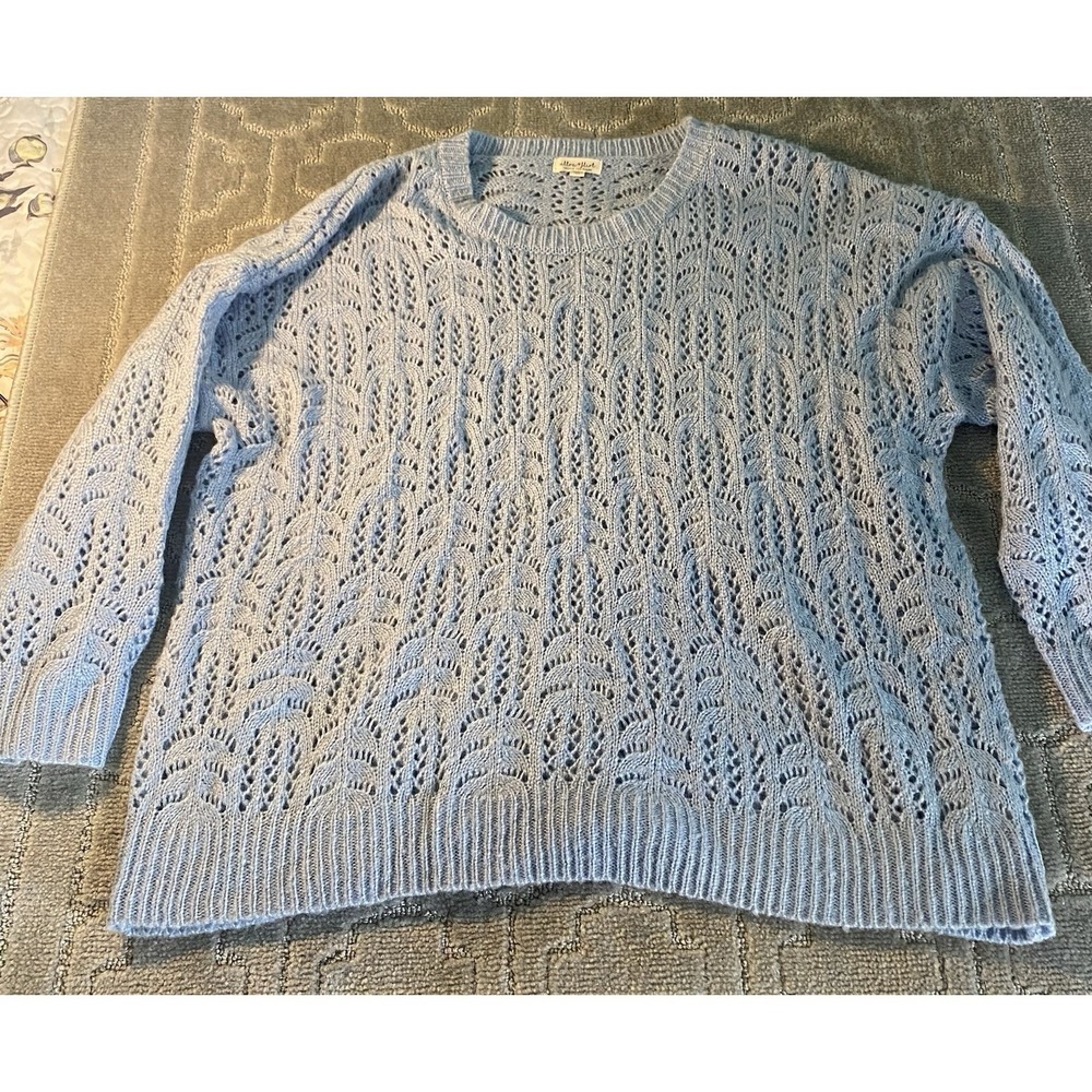 Womens 3X Blue Crochet Knit Sweater Boho Lightweight Pullover Ribbed Trim